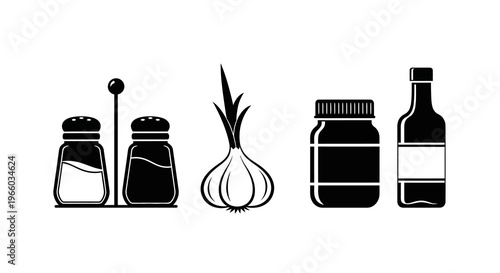 Minimalist black and white cooking ingredients set with salt, onion, and bottles