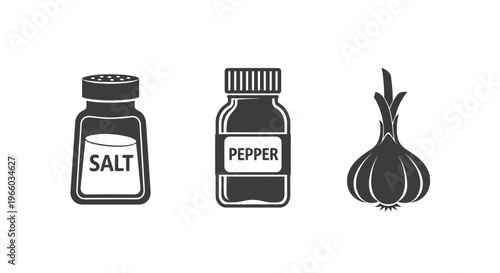 Monochrome icon set of salt, pepper, garlic in simple design