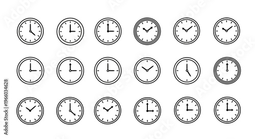 Minimalist clock faces set with various time displays in black and white