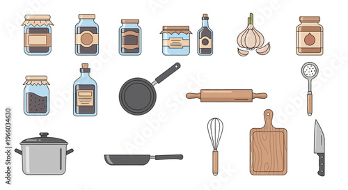 Kitchen essentials collection featuring jarred goods, cookware, and utensils in flat design