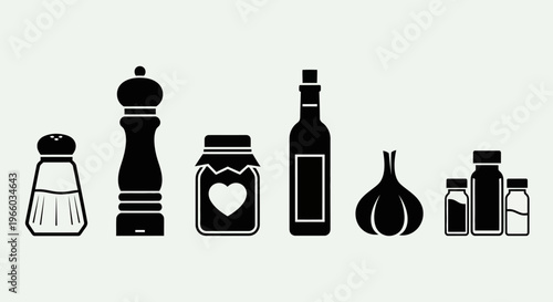 Kitchen spice icons in silhouette style featuring salt, oil, vinegar, and more