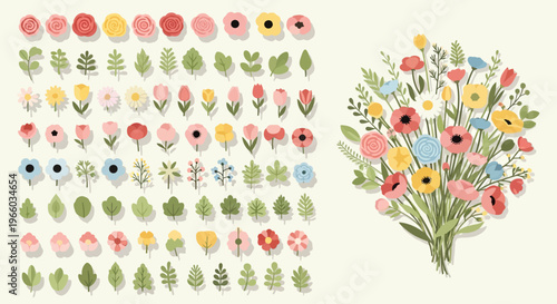 Colorful floral elements and bouquet for creative design projects