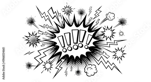 Dynamic black and white comic book explosion with exclamations