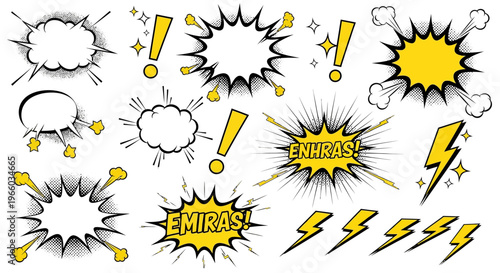 Bright comic speech bubbles and symbols with bold yellow accents