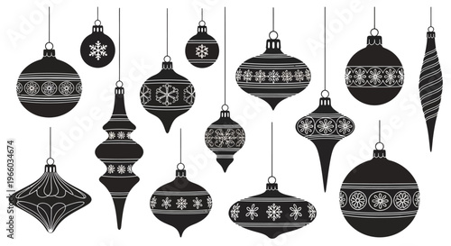 Elegant black and white christmas ornaments with intricate patterns