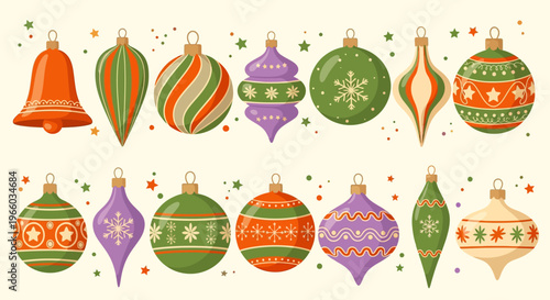 Colorful festive christmas ornaments set with decorative patterns