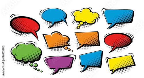 Colorful comic speech bubbles with halftone shadows for dynamic design elements