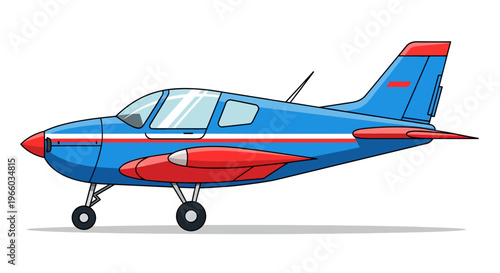 Small blue and red airplane with retractable landing gear on a white background