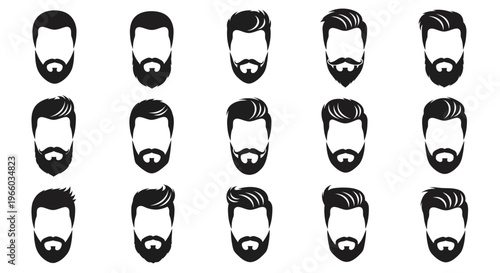 Variety of stylish male hair and beard silhouettes in black and white