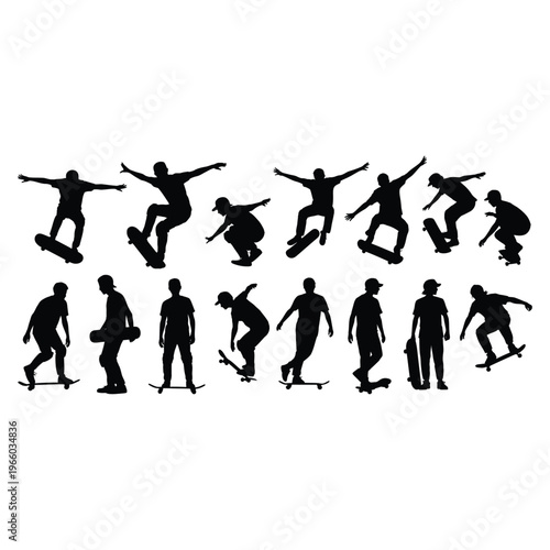 Collection of black silhouettes of skateboarders performing tricks