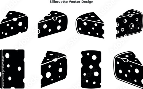 Silhouette set of cheese wedges and dairy food slices. Vector set of organic appetizer and delicious snack symbols. Gourmet grocery icons for design. Professional vector illustration