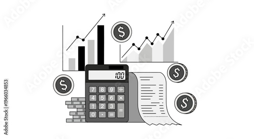 Financial growth chart with calculator and coins: business analytics concept