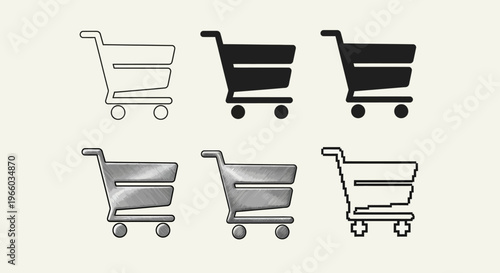 Diverse shopping cart icons: linear, filled, metallic, pixelated styles for e-commerce design