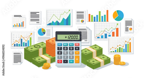 Business data analysis with calculator and growing graphs in flat design
