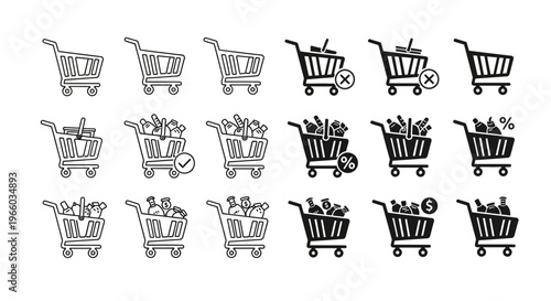 Shopping cart icons: line and solid styles for e-commerce and retail design