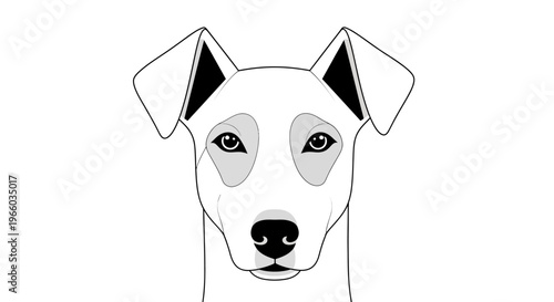 Monochrome dog face drawing with geometric details on white background