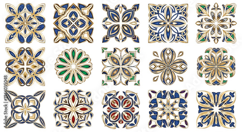 Ornate geometric tile patterns with gold highlights in elegant color palette