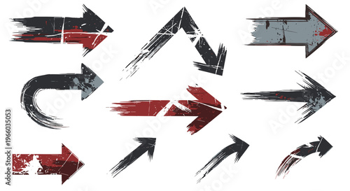 Collection of distressed grunge style arrow icons with a rough painted texture