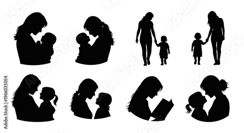 Diverse silhouettes of mothers and children showcasing love care and bonding
