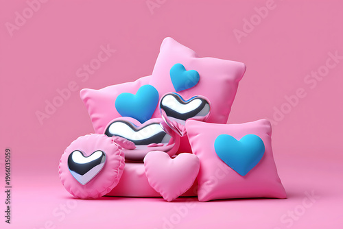 Cute Pink Pillows Blue Hearts