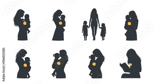 Diverse silhouettes of mothers embracing children warmth love family bonds