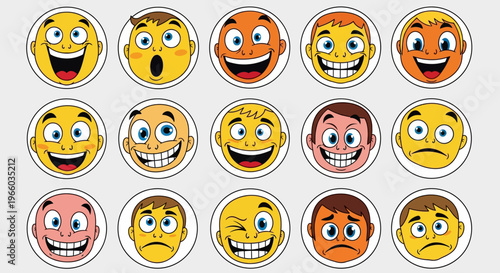 Expressive cartoon faces collection with varied emotions and bright colors