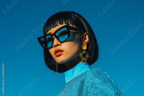 Stylish woman in blue sunglasses and statement earrings posing against a clear sky background.