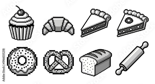 Pixel art bakery icons: cupcake, croissant, pie, and more in monochrome style