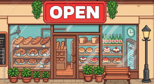 Charming pixel art bakery with breads, pastries, and neon open sign