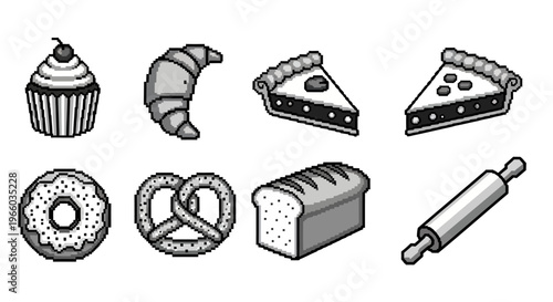 Pixel art bakery: cupcake, croissant, pie, donut, pretzel, bread, rolling pin