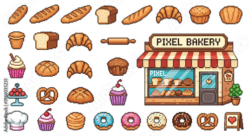 Pixel art bakery icons: breads, pastries, and sweet treats collection
