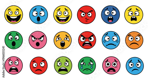 Colorful cartoon emoji faces expressing a range of emotions on white background