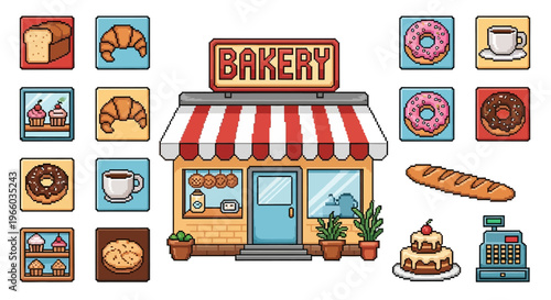 Charming bakery facade with pastries and coffee in a colorful flat design