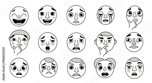Set of flat cartoon faces displaying various emotions with hand gestures