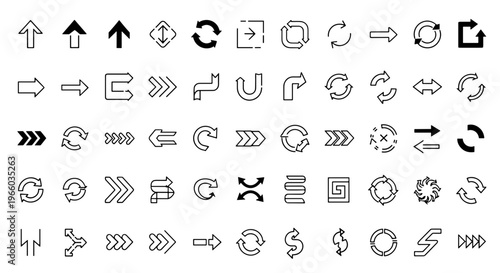 Collection of diverse hand drawn arrow icons and symbols representing direction