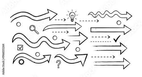 Hand drawn arrows and symbols representing direction ideas and choices on a white