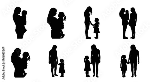 Diverse motherhood silhouettes holding baby hugging child and walking together