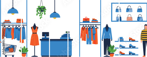 Modern clothing retail boutique interior vector illustration featuring apparel displays mannequin checkout counter shopping cart and shelves.