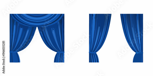 Three blue curtains with draped and gathered fabric designs are displayed