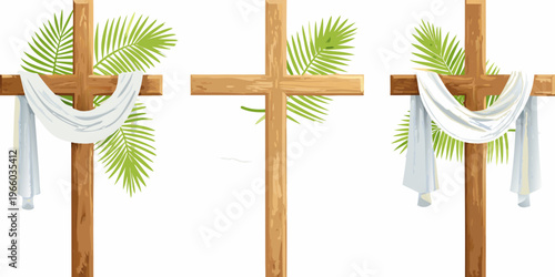 Three wooden crosses with draped fabric and palm leaves depicted