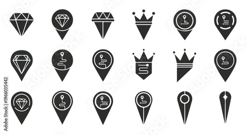 Collection of 20 black and white map marker icons with various symbols on a plain white background.