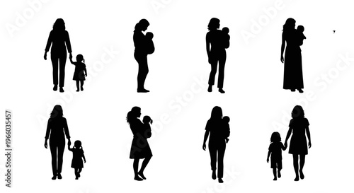 Diverse motherhood silhouettes moms holding babies toddlers and children