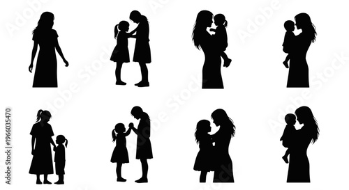 Silhouettes of mothers and daughters sharing affectionate moments and embraces