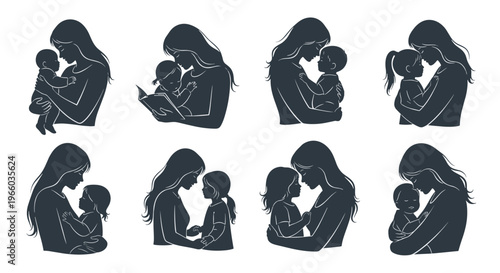 Diverse silhouettes of mothers embracing and cradling their children in tender