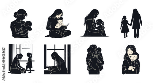 Diverse motherhood silhouettes nurturing moments of love care and family bonds