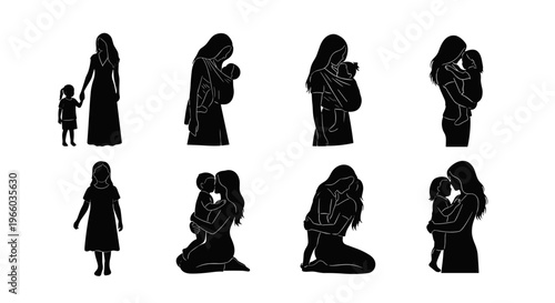 Motherhood silhouette collection diverse poses of maternal love nurturing
