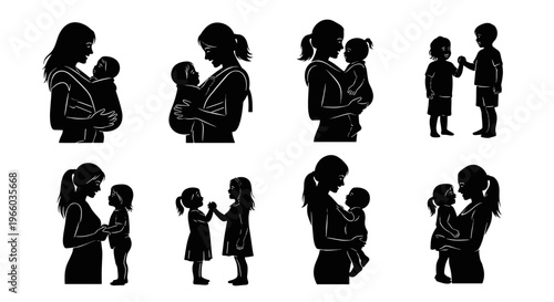 Silhouette collection mothers embracing children babies in carriers and siblings