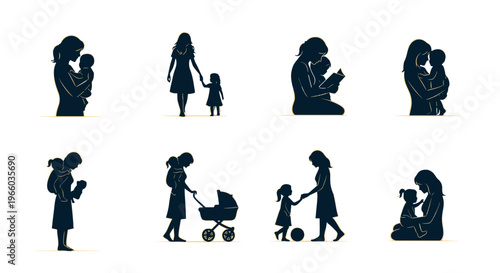 Diverse motherhood silhouettes caring nurturing and bonding moments with children