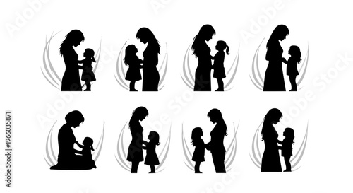 Diverse silhouettes of mother and child embracing showing love and connection