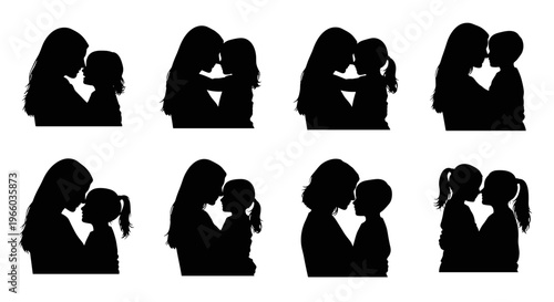 Diverse mother and child silhouette collection love embrace bonding family moments